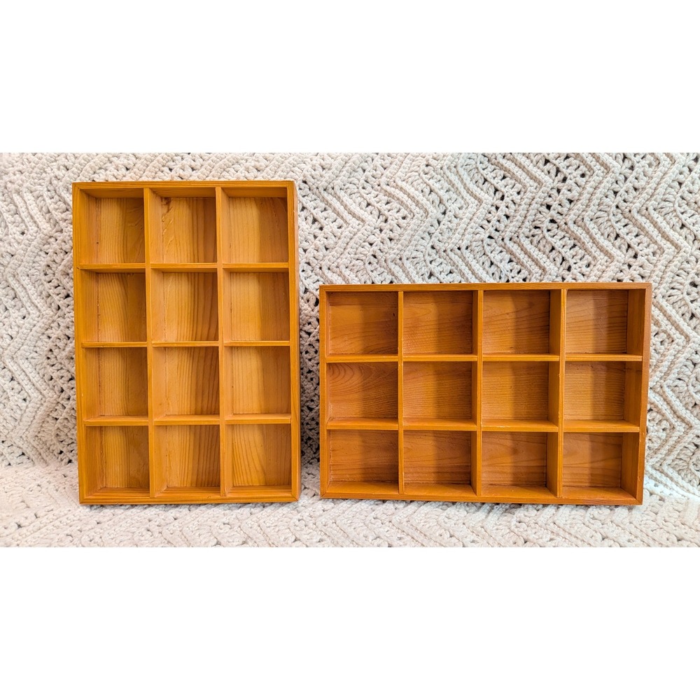 Vintage Wood Shadow Box Display Case Set of 2 12-Compartment Trinket Trays